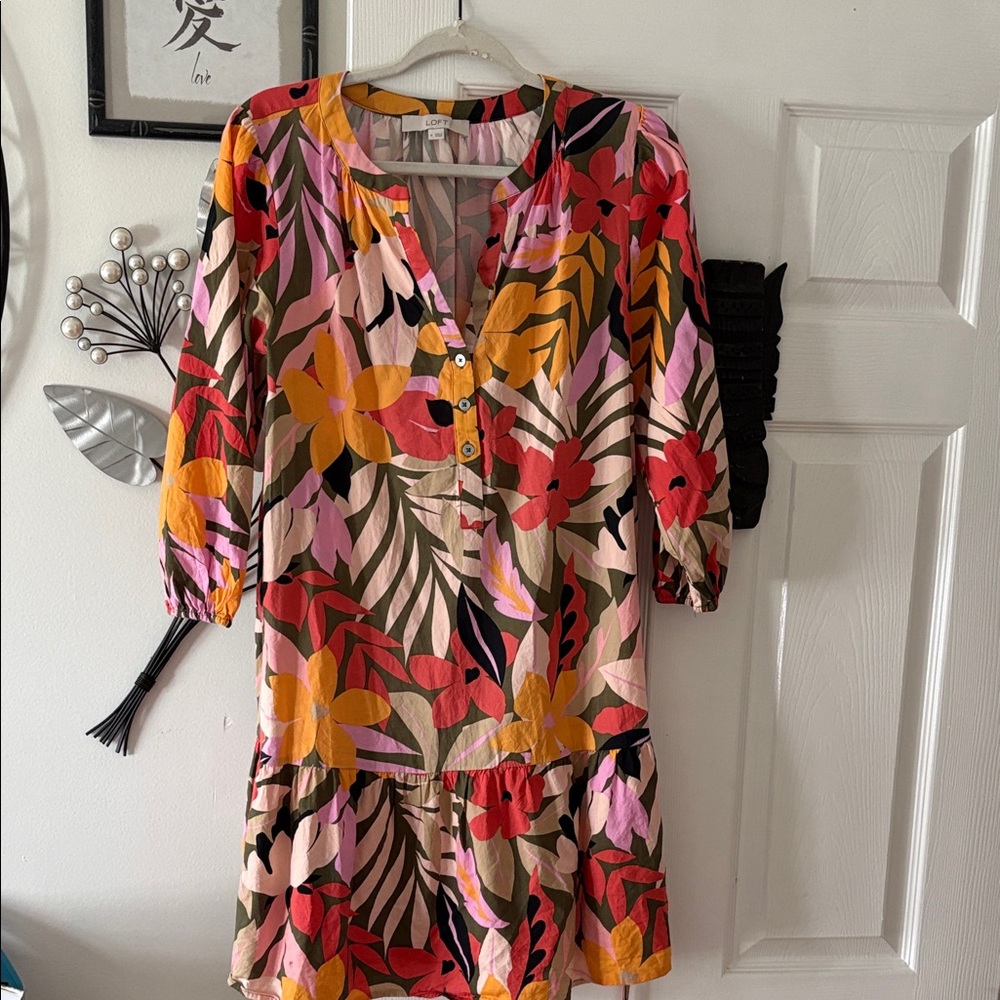 LOFT Pink Floral Top with Mustard and Olive Accents